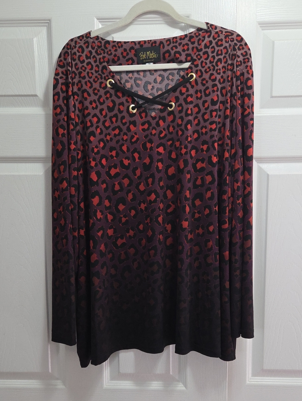 Bob Mackie Wearable Art Red and Black Leopard Lace-Up Long Sleeve Knit Top